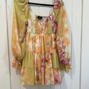 Vici Yellow and Orange Tiered Smocked Mini Dress
